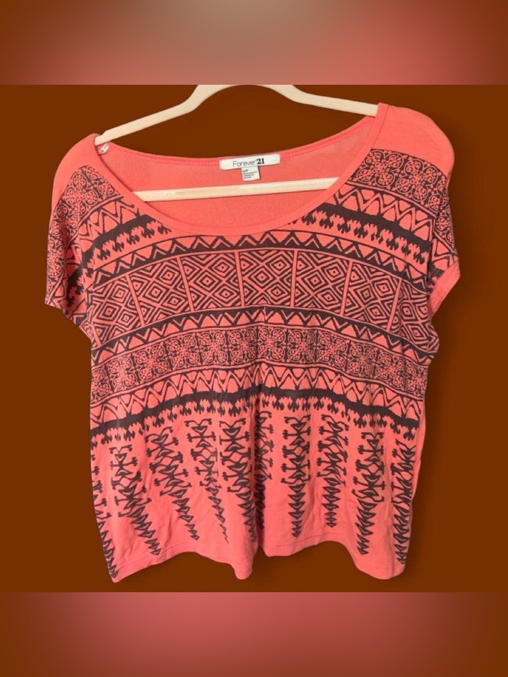 Forever 21 Coral Scoop Neck Short Sleeve Tee with Black Aztec Print